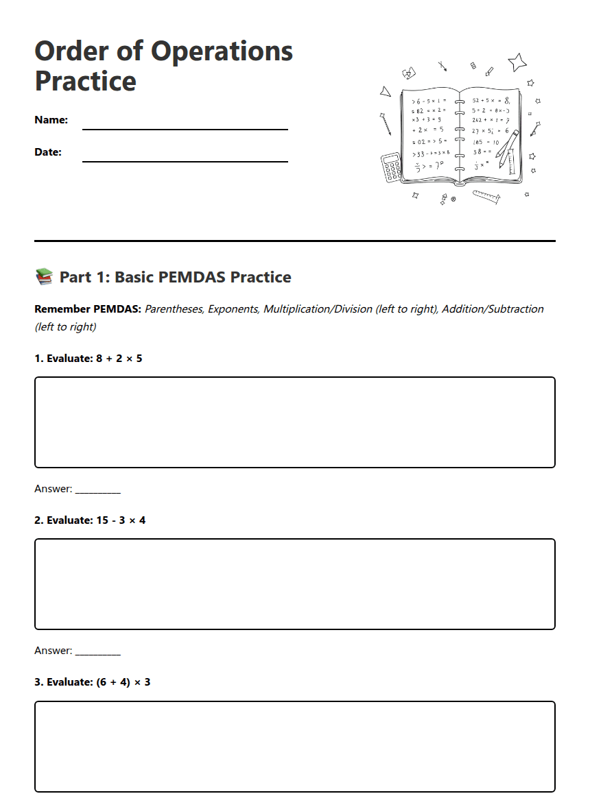 Order of Operations Practice worksheet preview