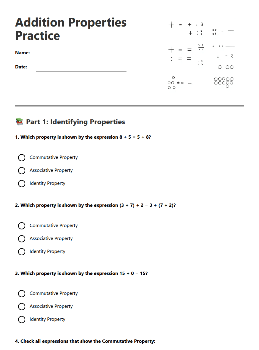 Addition Properties Practice worksheet preview