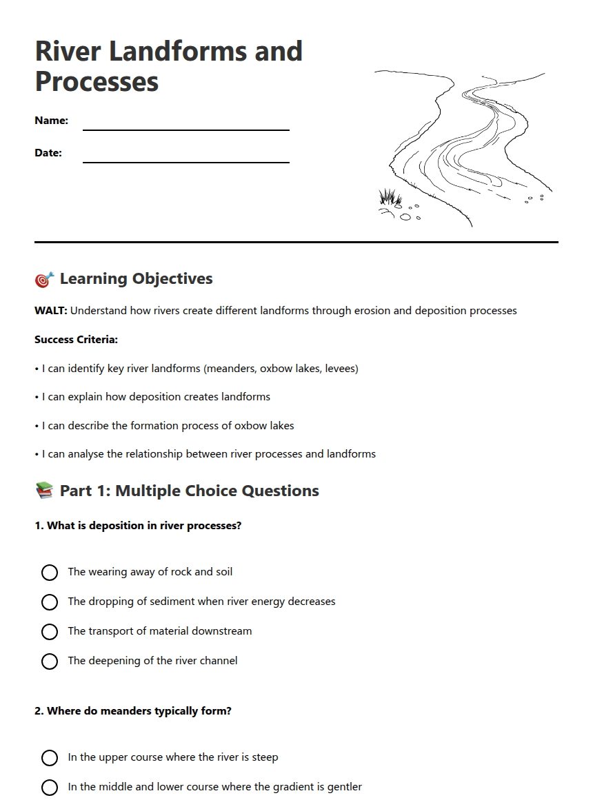 River Landforms and Processes worksheet preview