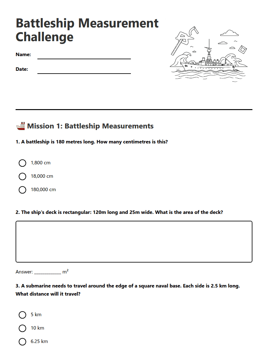 Battleship Measurement Challenge worksheet preview