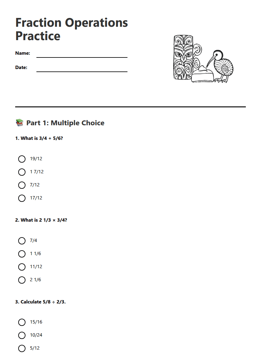Fraction Operations Practice worksheet preview