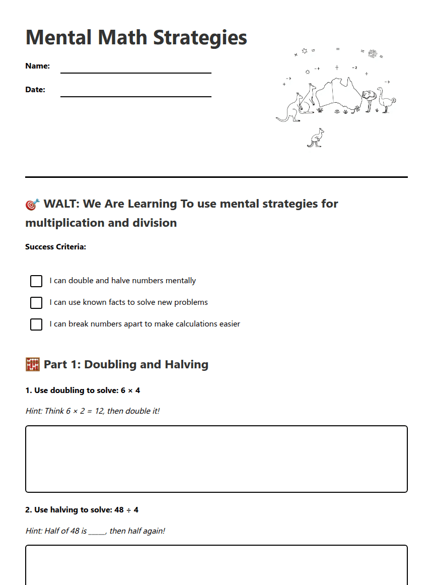 Mental Math Strategies worksheet preview