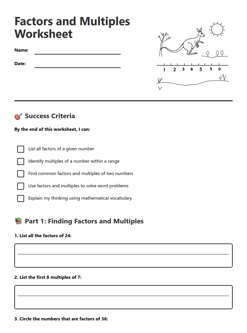 Factors and Multiples Worksheet worksheet preview