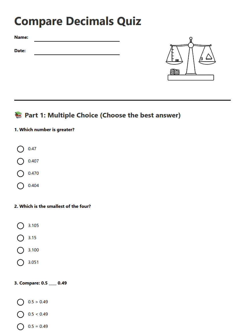 Compare Decimals Quiz worksheet preview