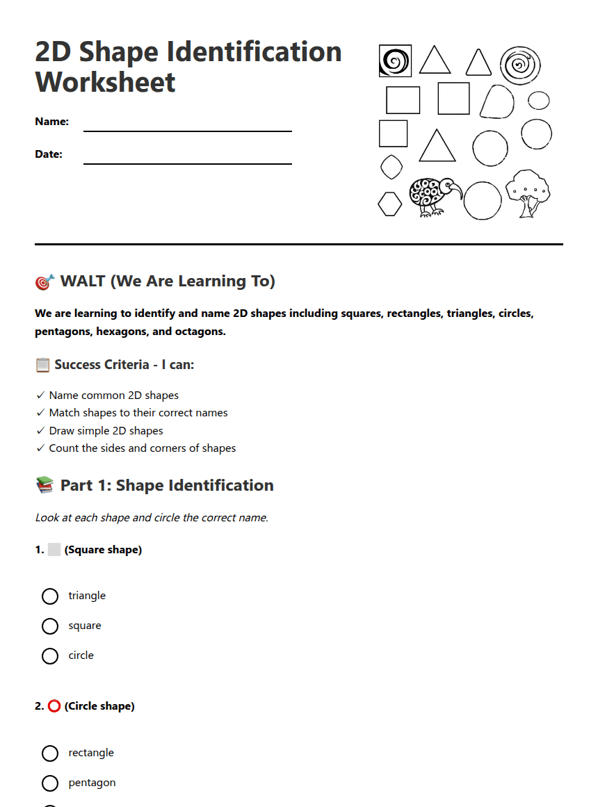 2D Shape Identification Worksheet worksheet preview