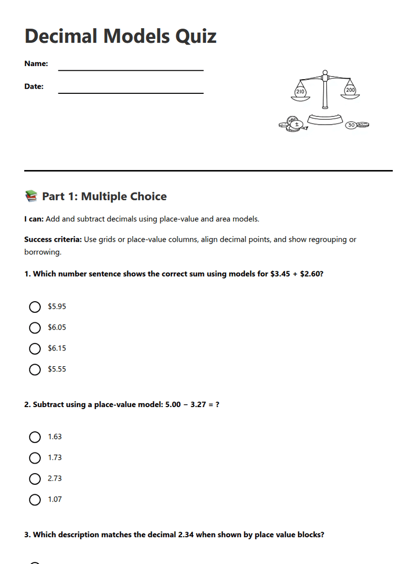 Decimal Models Quiz