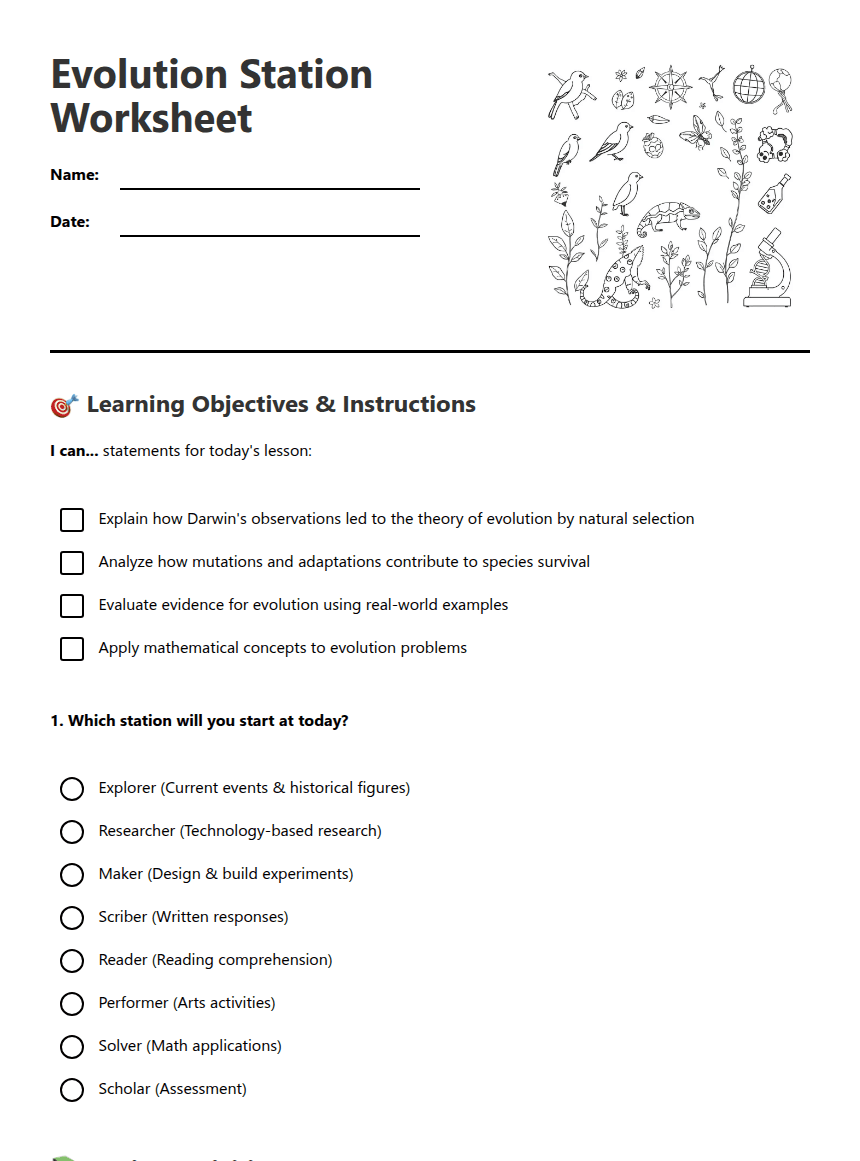 Evolution Station Worksheet worksheet preview
