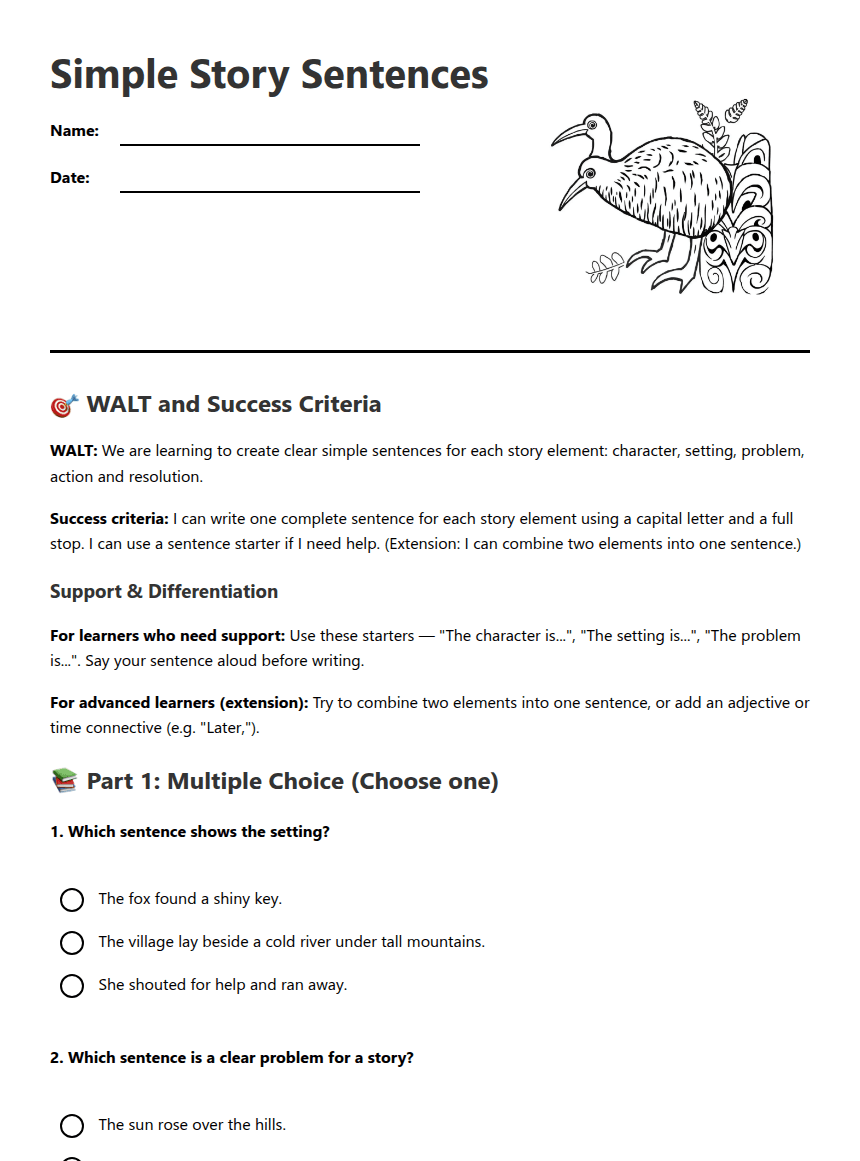 Simple Story Sentences worksheet preview