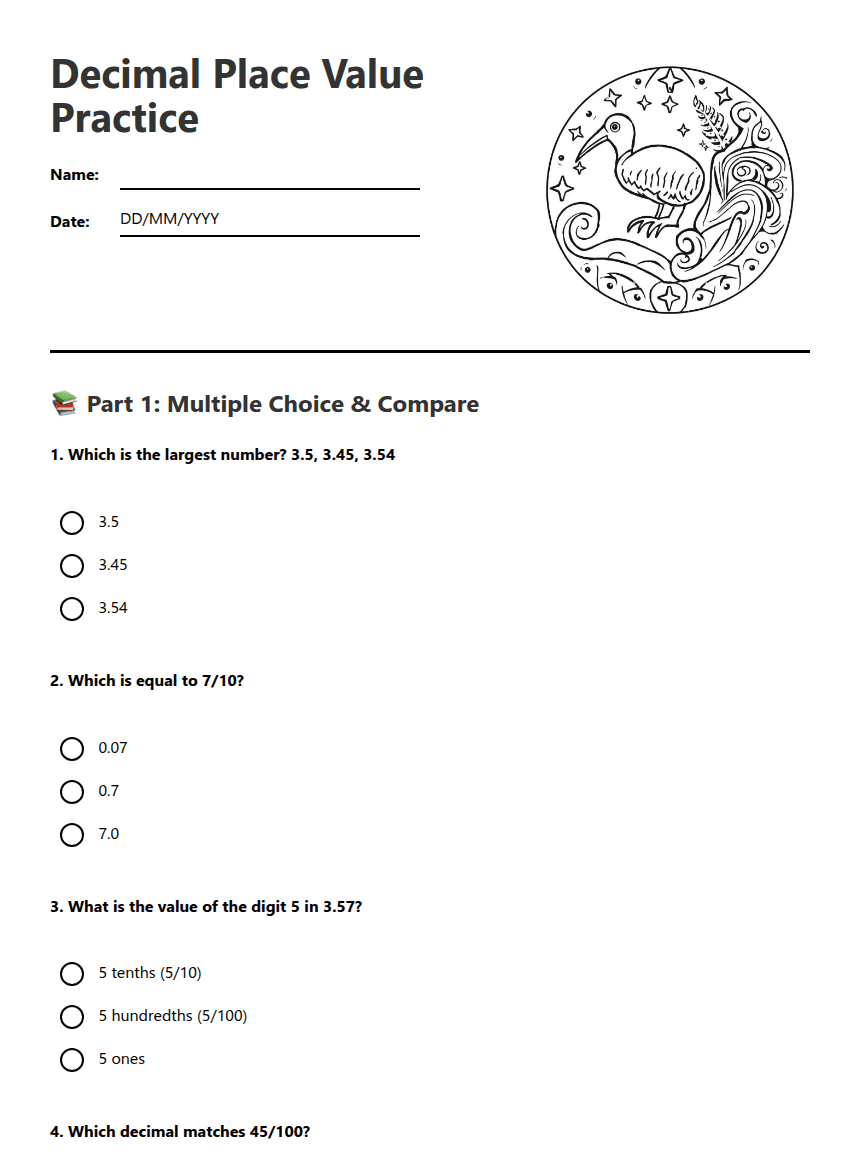 Decimal Place Value Practice worksheet preview