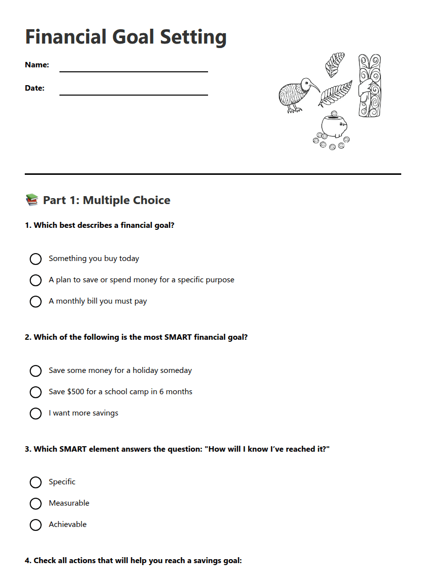 Financial Goal Setting worksheet preview