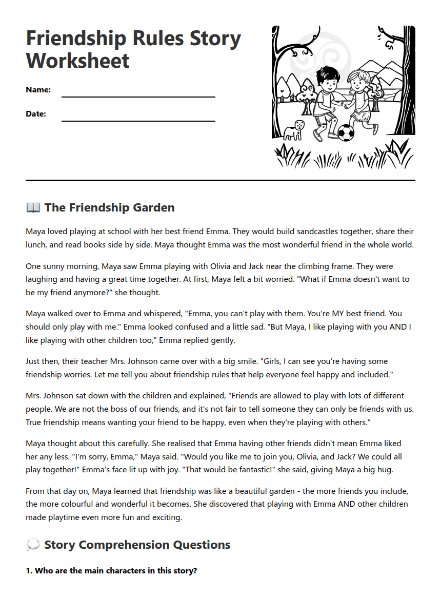 Friendship Rules Story Worksheet worksheet preview