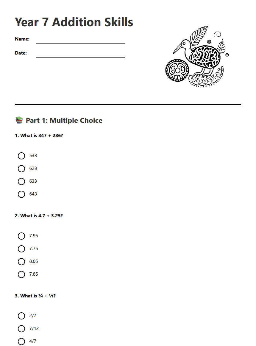 Year 7 Addition Skills worksheet preview