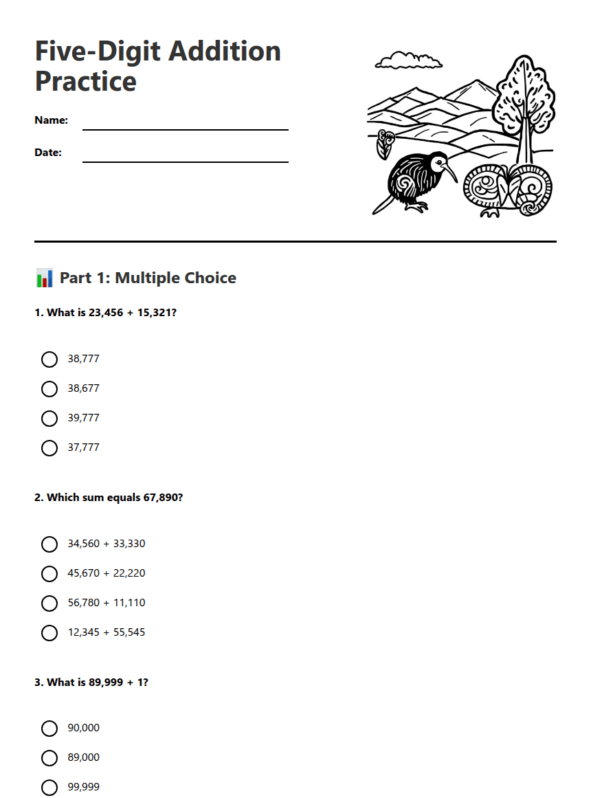 Five-Digit Addition Practice worksheet preview