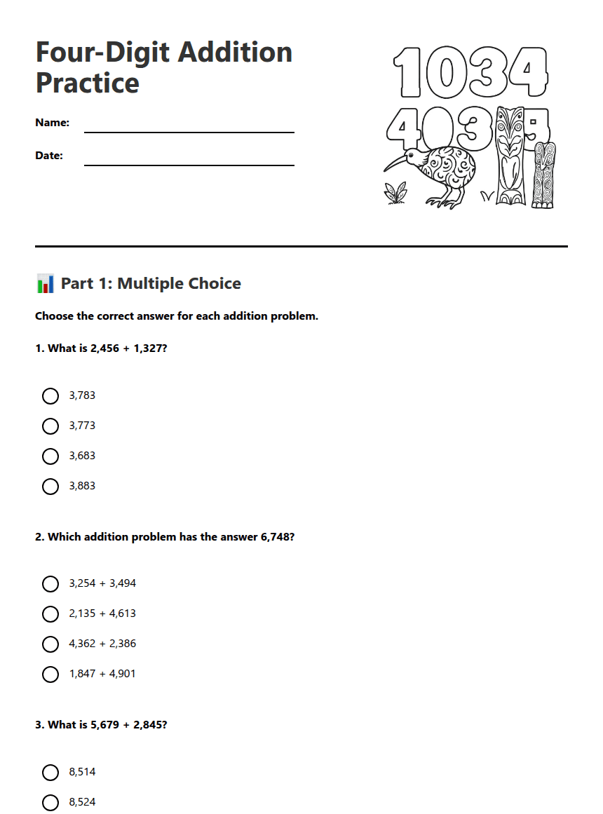 Four-Digit Addition Practice worksheet preview