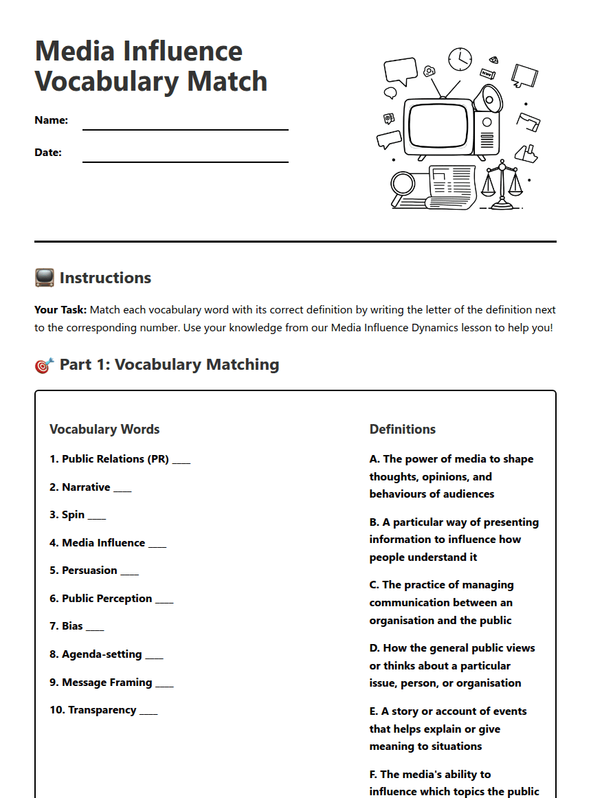 Media Influence Vocabulary Match worksheet preview