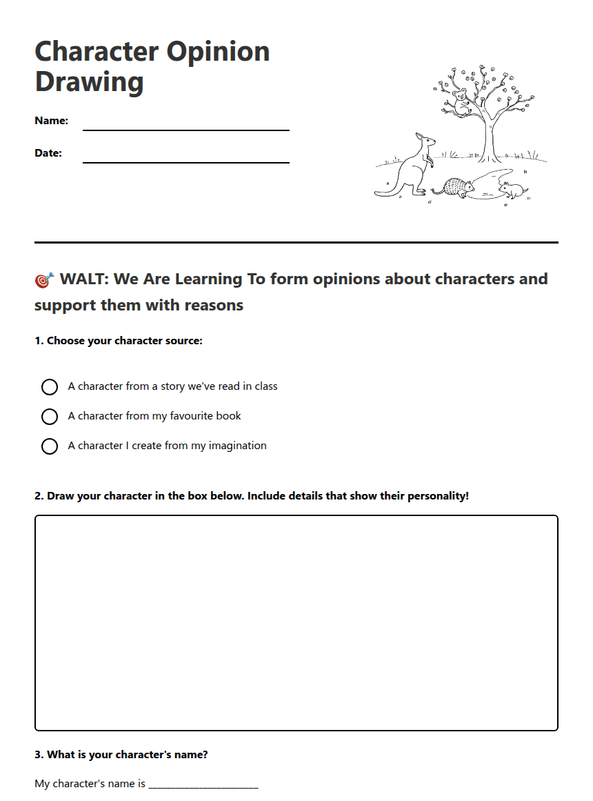 Character Opinion Drawing worksheet preview