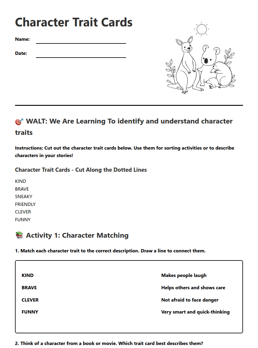 Character Trait Cards worksheet preview