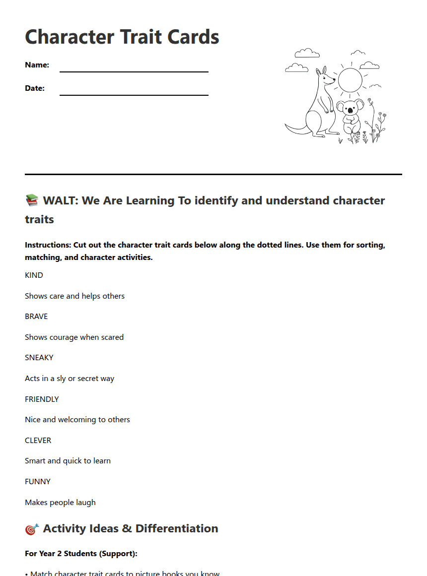 Character Trait Cards worksheet preview