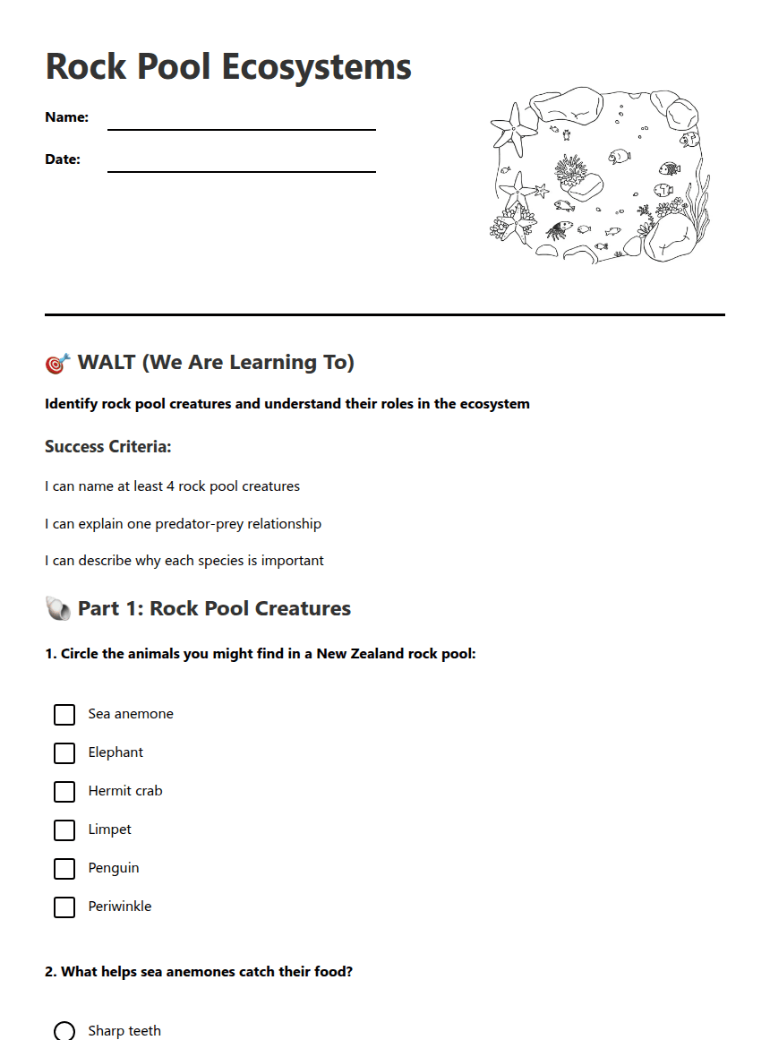 Rock Pool Ecosystems worksheet preview