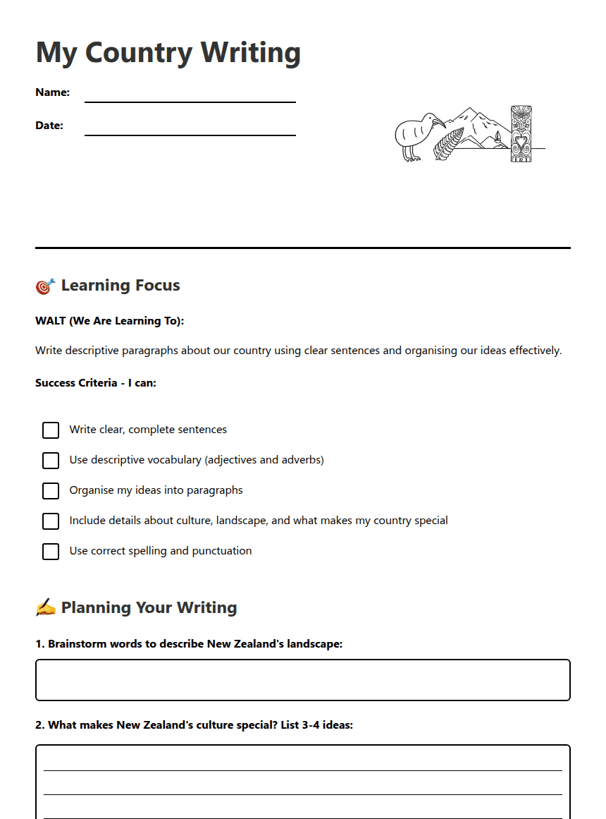 My Country Writing worksheet preview