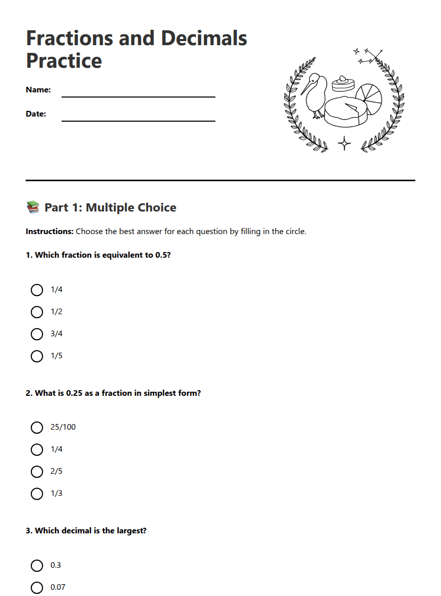 Fractions and Decimals Practice worksheet preview