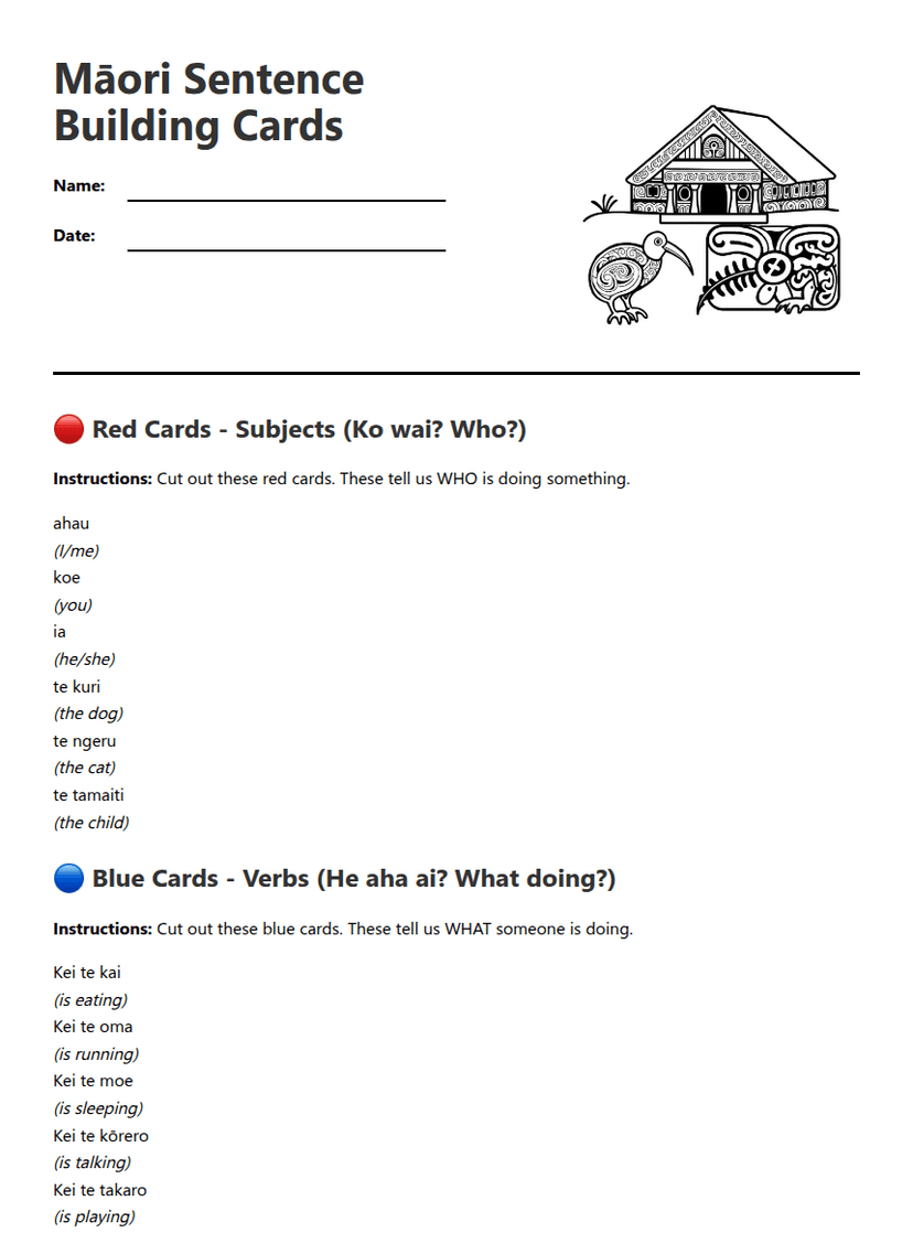 Māori Sentence Building Cards