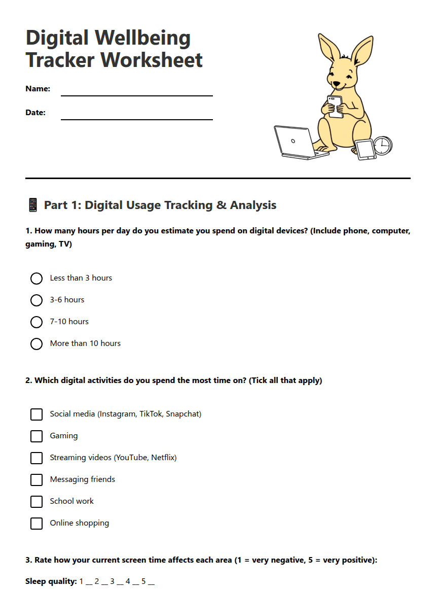 Digital Wellbeing Tracker Worksheet worksheet preview