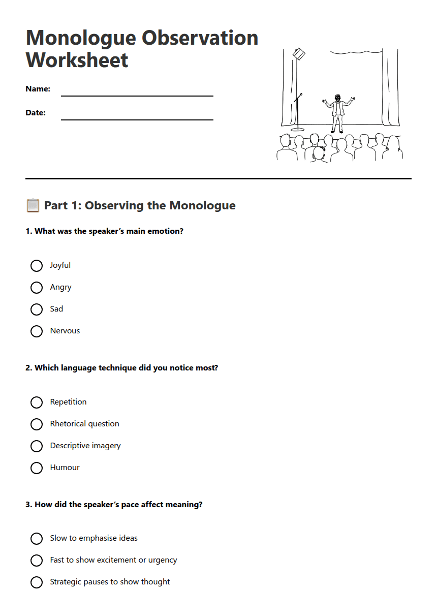 Monologue Observation Worksheet worksheet preview