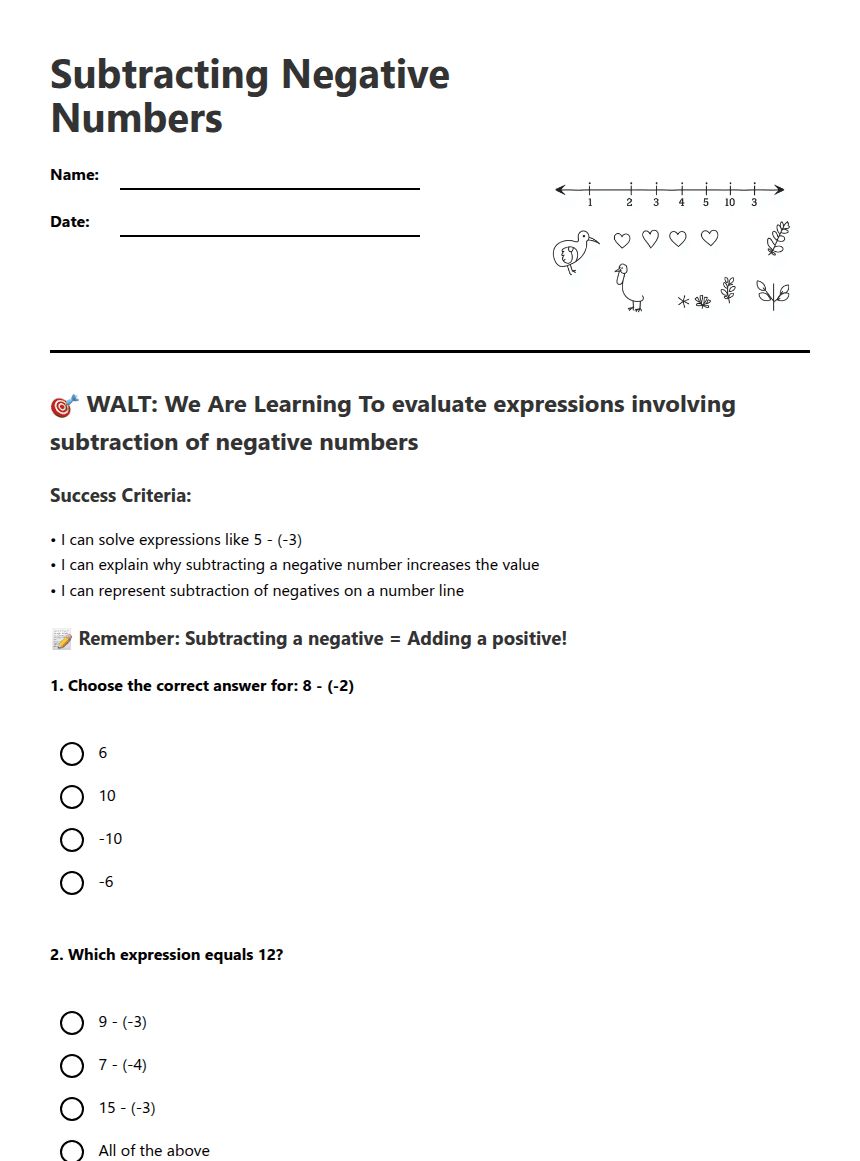 Subtracting Negative Numbers worksheet preview