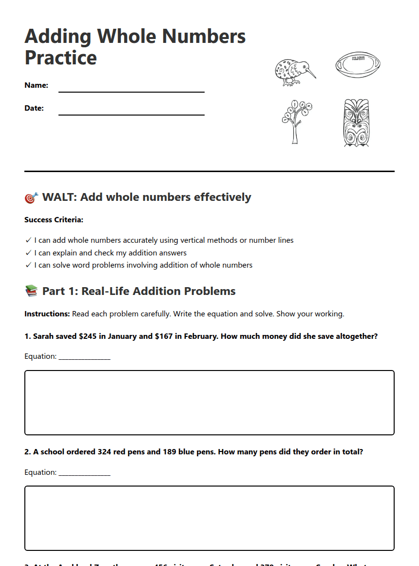 Adding Whole Numbers Practice worksheet preview