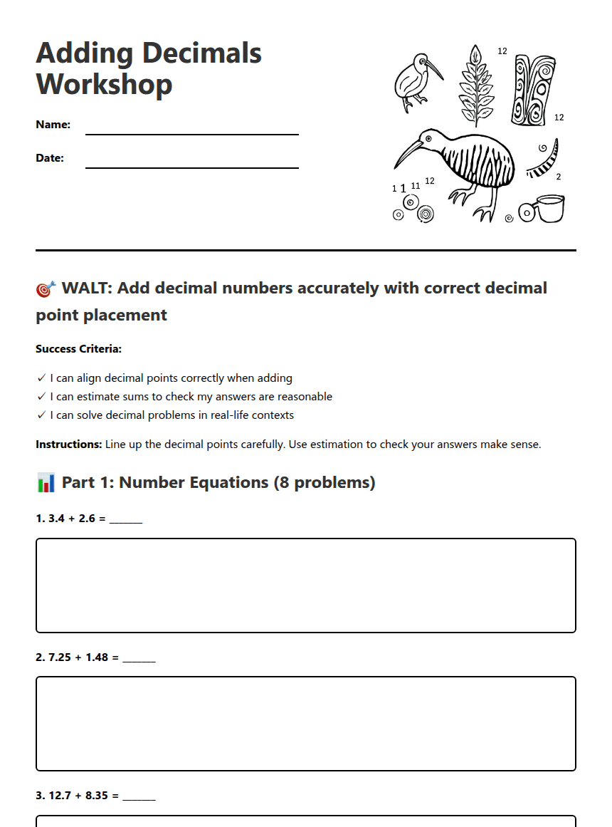 Adding Decimals Workshop worksheet preview