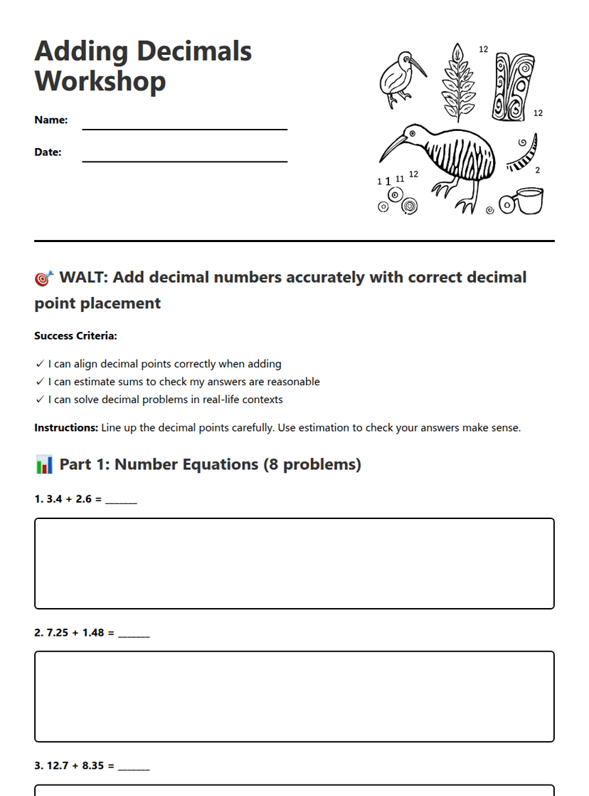Adding Decimals Workshop