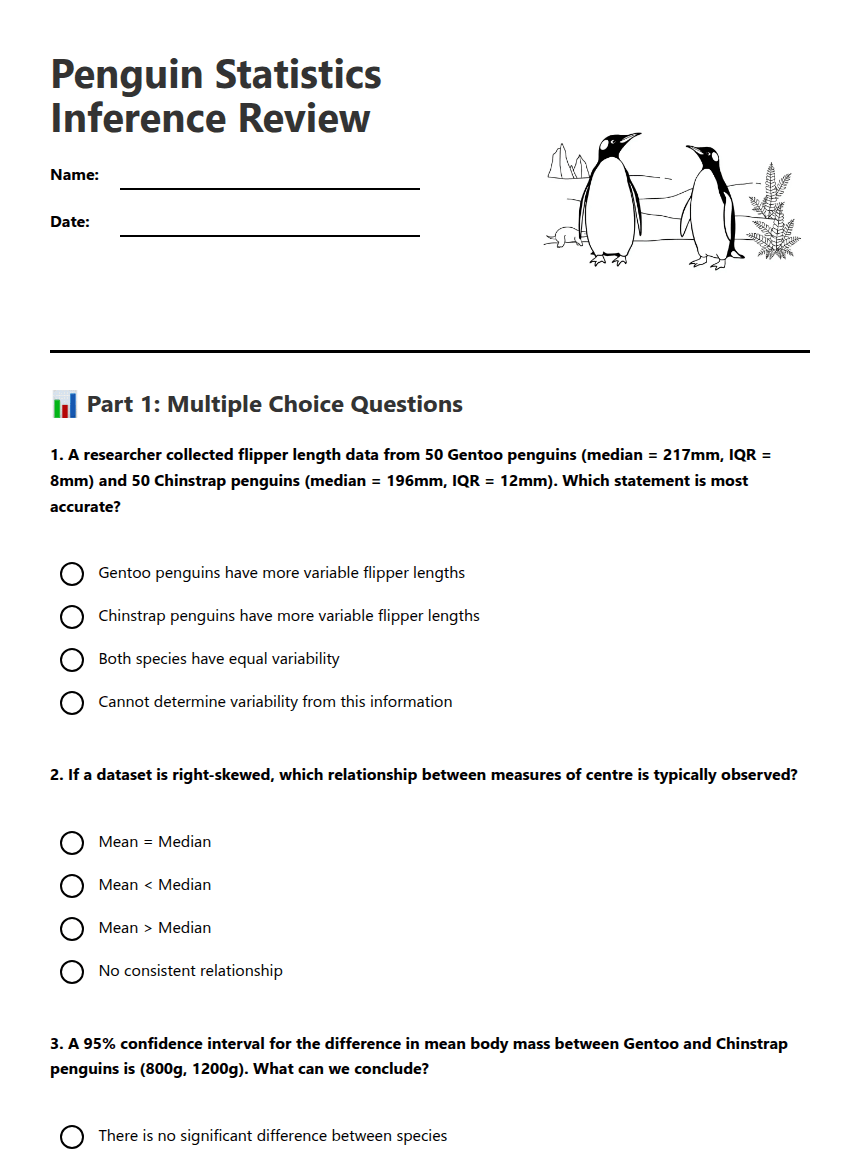 Penguin Statistics Inference Review worksheet preview