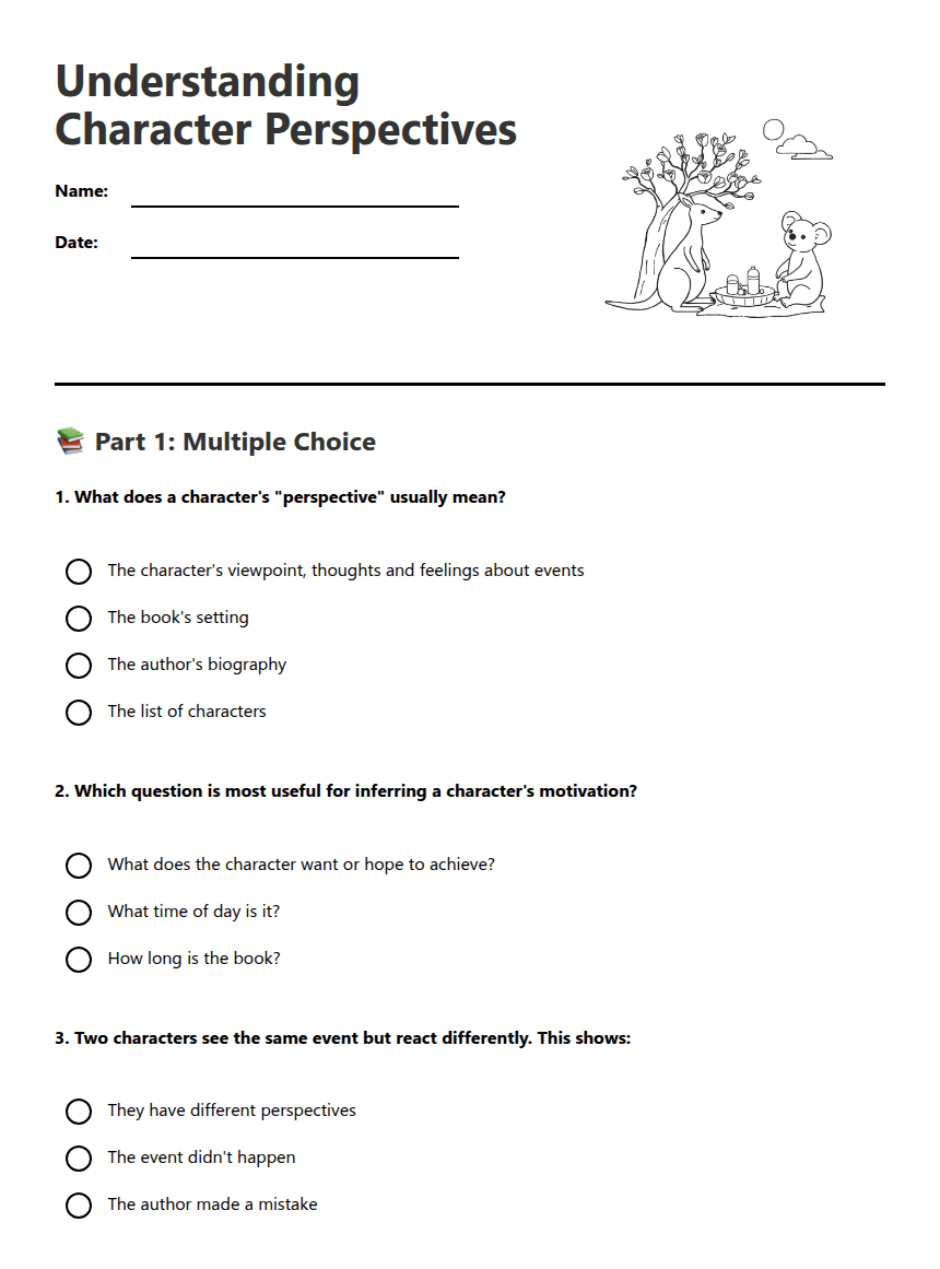 Understanding Character Perspectives worksheet preview