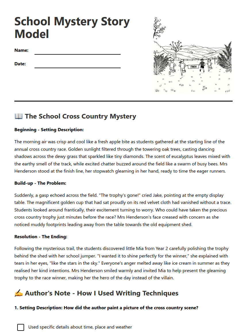 School Mystery Story Model worksheet preview
