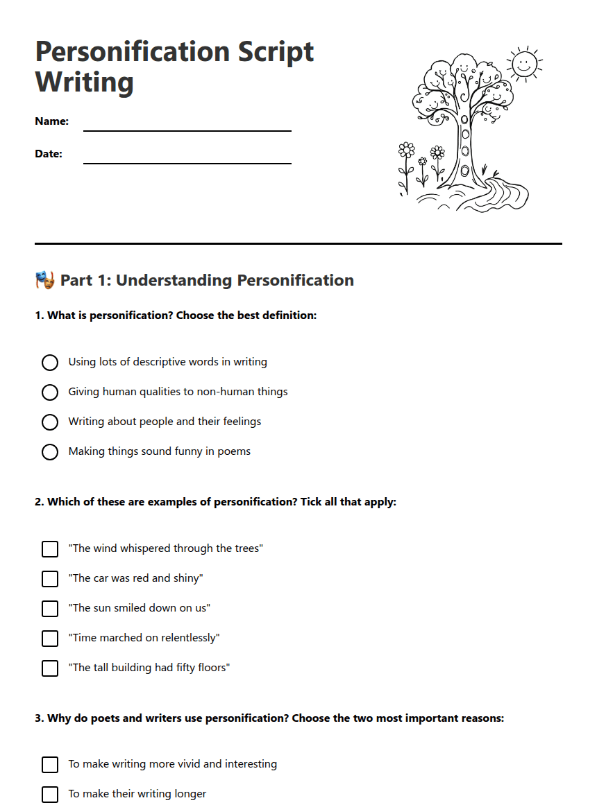 Personification Script Writing worksheet preview
