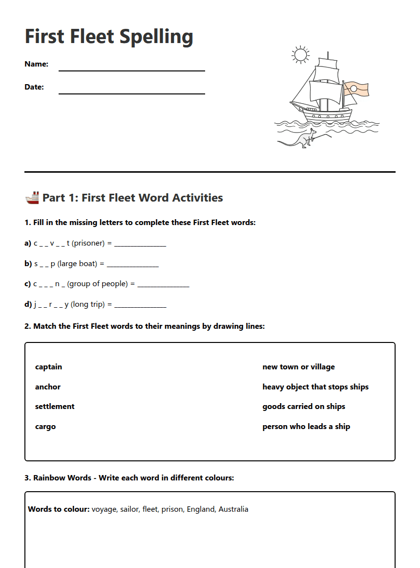 First Fleet Spelling worksheet preview
