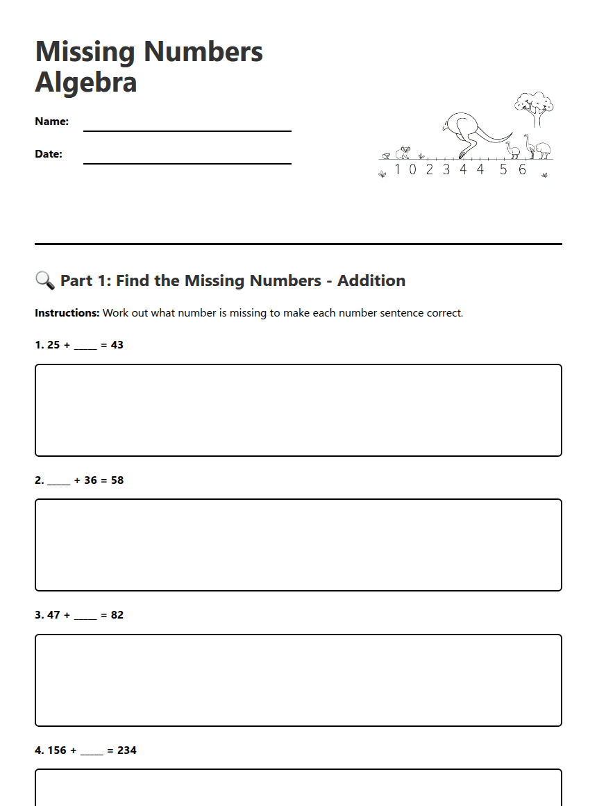 Missing Numbers Algebra worksheet preview