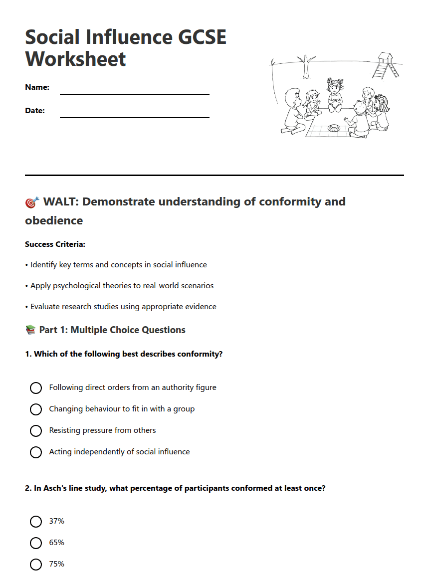 Social Influence GCSE Worksheet worksheet preview