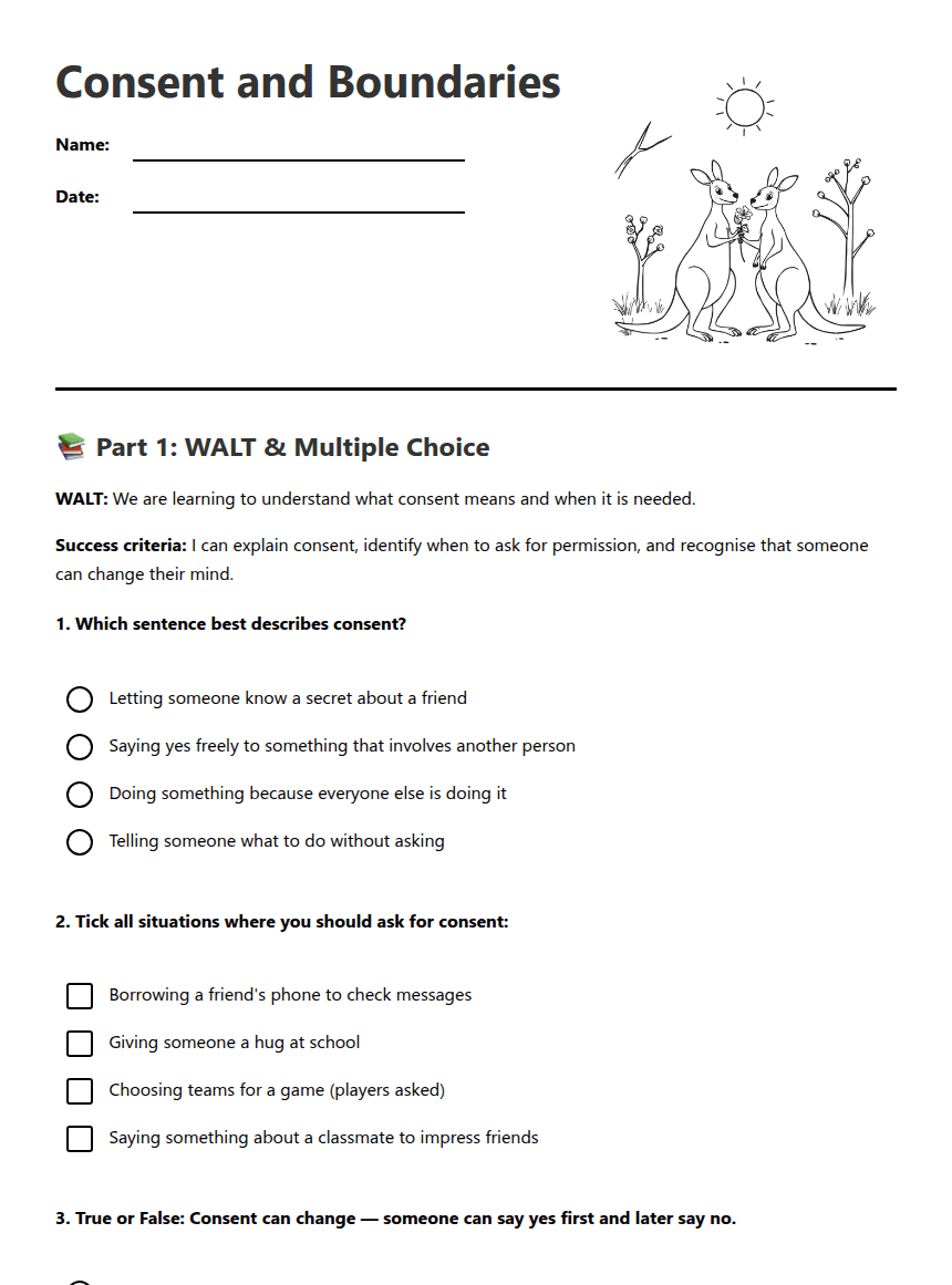 Consent and Boundaries worksheet preview