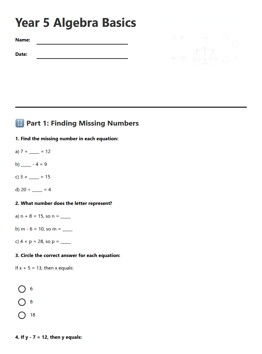 Year 5 Algebra Basics worksheet preview