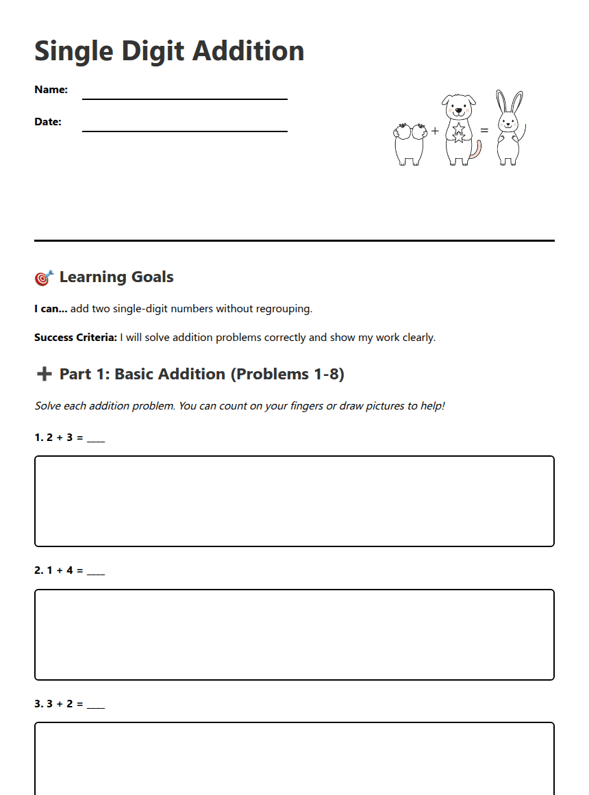 Single Digit Addition worksheet preview
