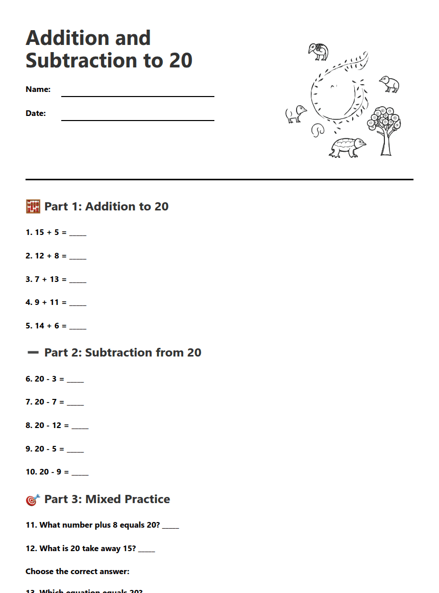 Addition and Subtraction to 20 worksheet preview