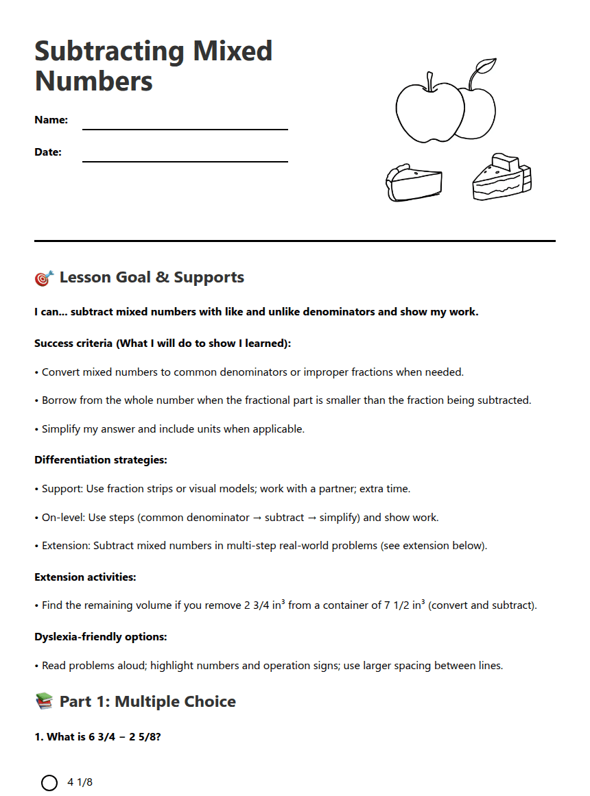 Subtracting Mixed Numbers worksheet preview