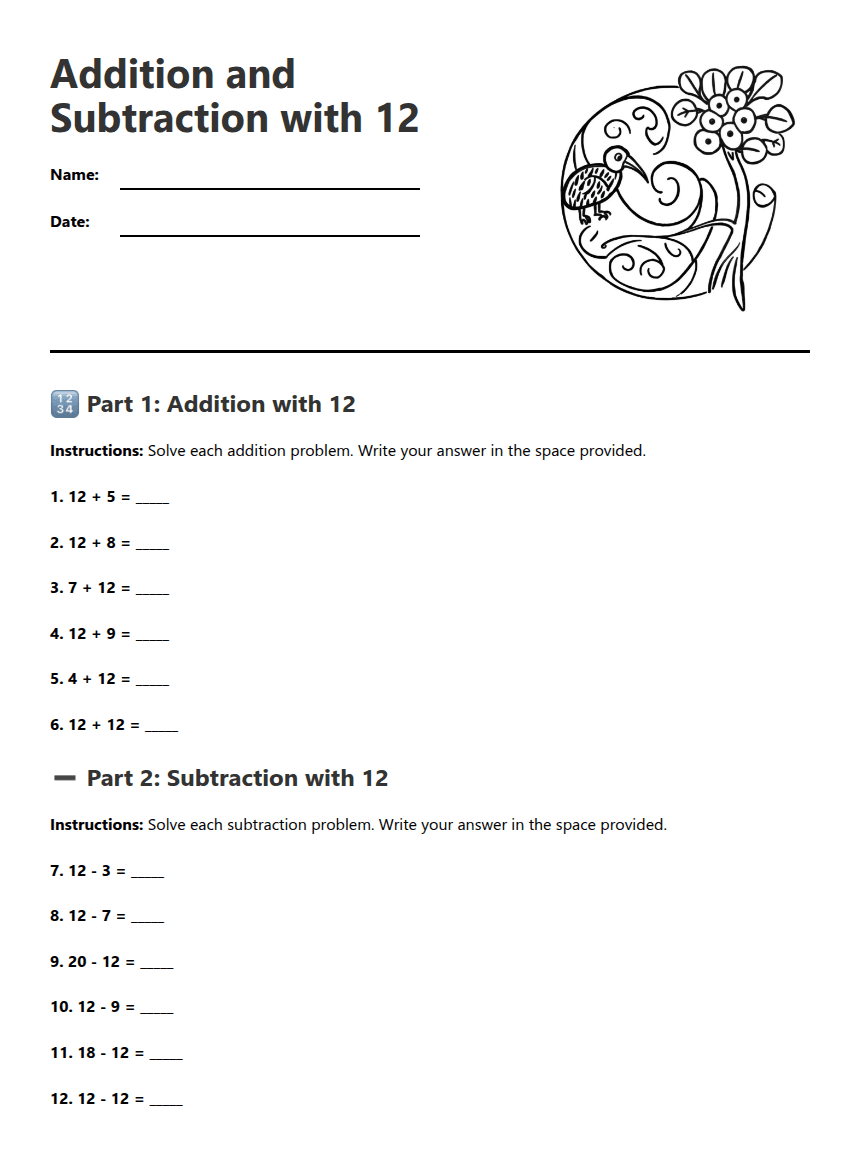 Addition and Subtraction with 12 worksheet preview