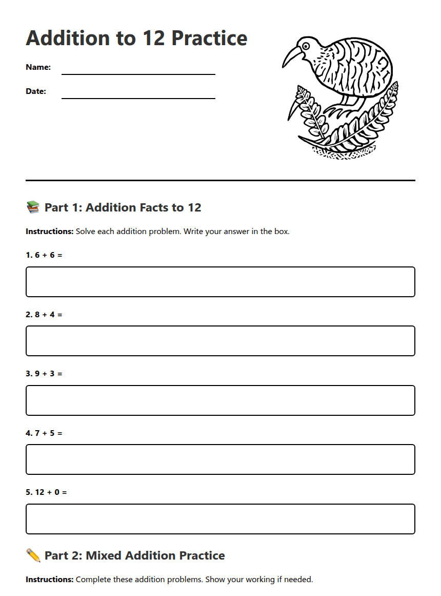 Addition to 12 Practice worksheet preview