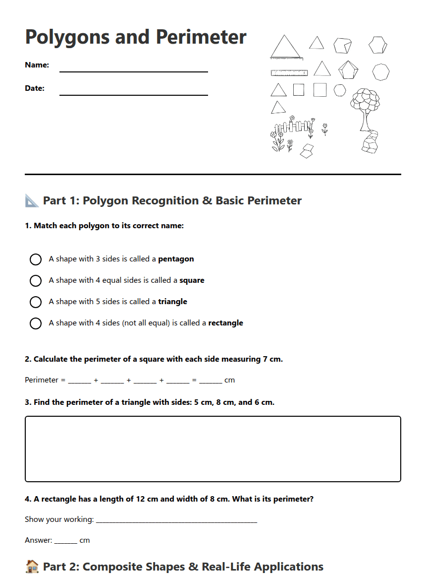 Polygons and Perimeter worksheet preview