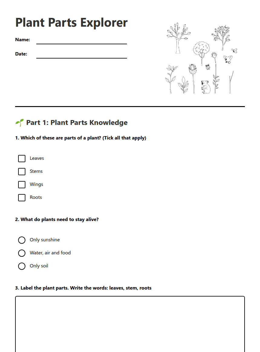 Plant Parts Explorer worksheet preview