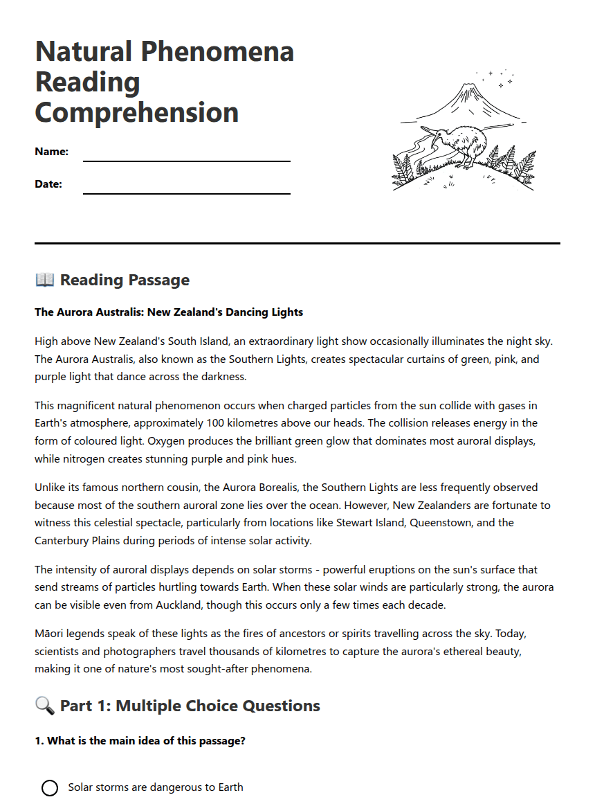 Natural Phenomena Reading Comprehension worksheet preview