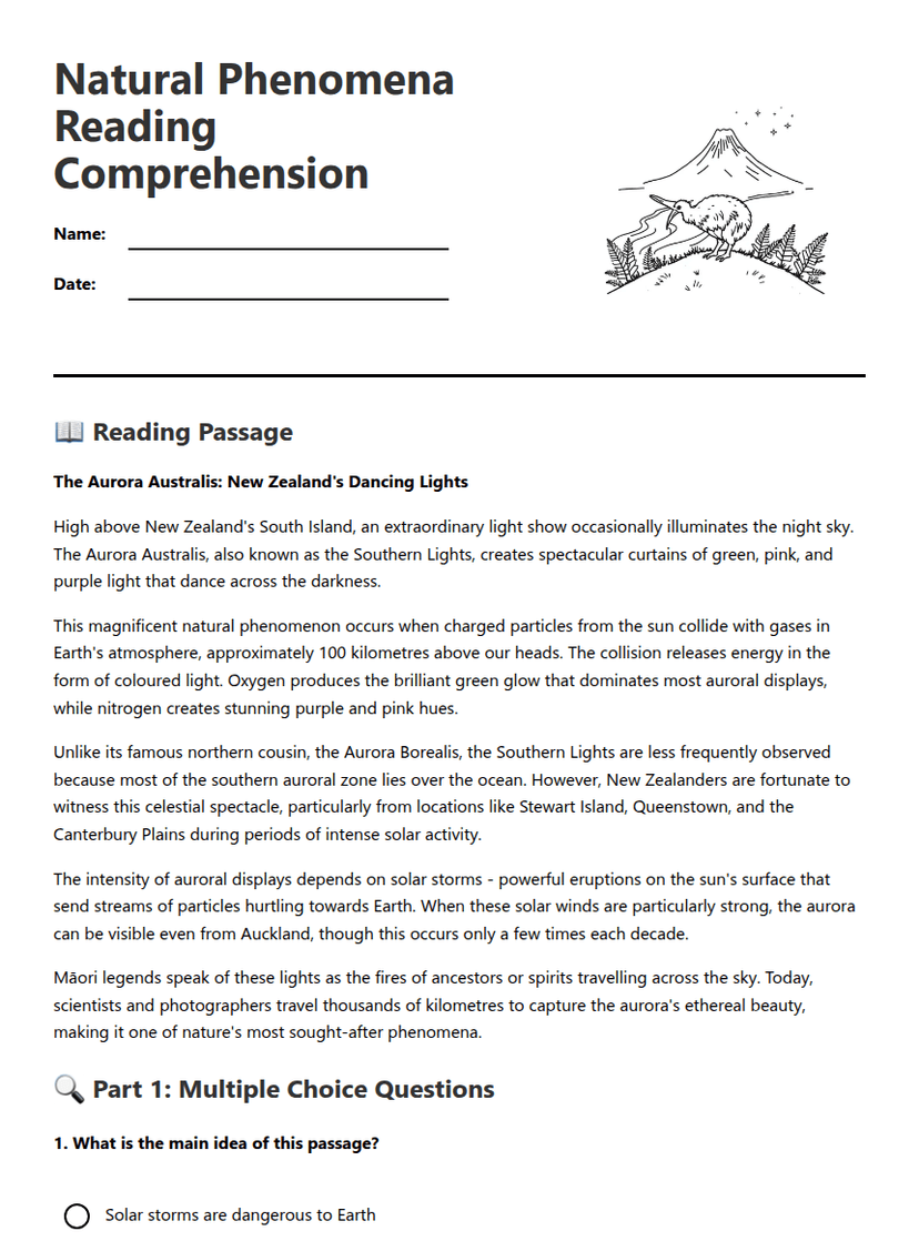 Natural Phenomena Reading Comprehension